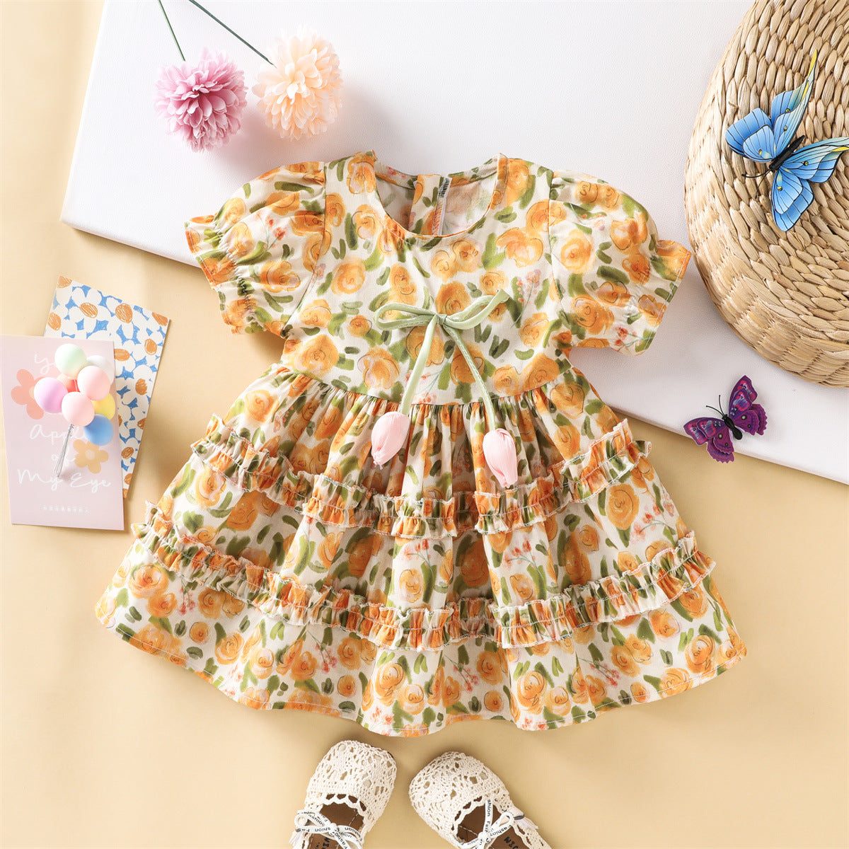 2026 New Summer Girls' Dress, Round Neck, Short Sleeve, Cotton Princess Dress, Tulip Design on Chest, Children's Clothing