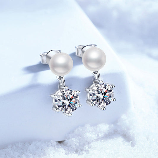 S925 sterling silver stud earrings, genuine natural freshwater pearl, classic six-prong earrings, 1-carat moissanite stud earrings