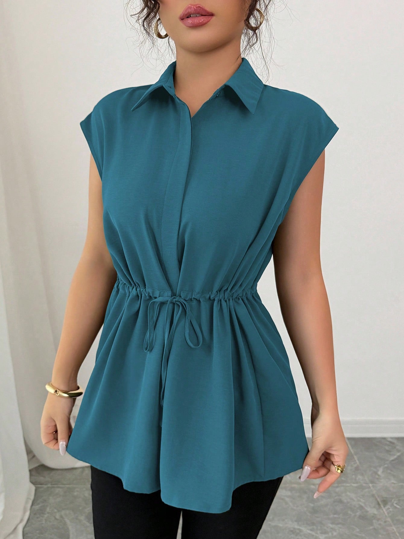 2026 Cross-border E-commerce, European and American Amazon Fashion Loose Waist Belt Single-breasted Solid Color Polo Collar Women's Short-sleeved Top
