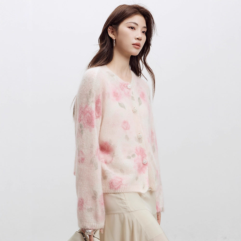 Rose Print Mohair Sweater Women's Long-Sleeved Knit Cardigan 2026 Spring New Style Soft and Loose Wool Coat