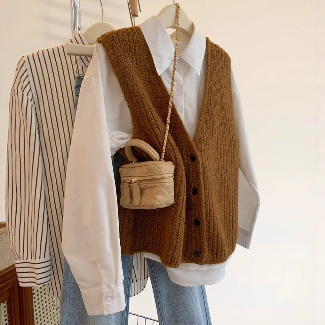 Grey V-neck Knitted Vest for Women, Winter Outerwear Layering Cardigan Sweater Trendy