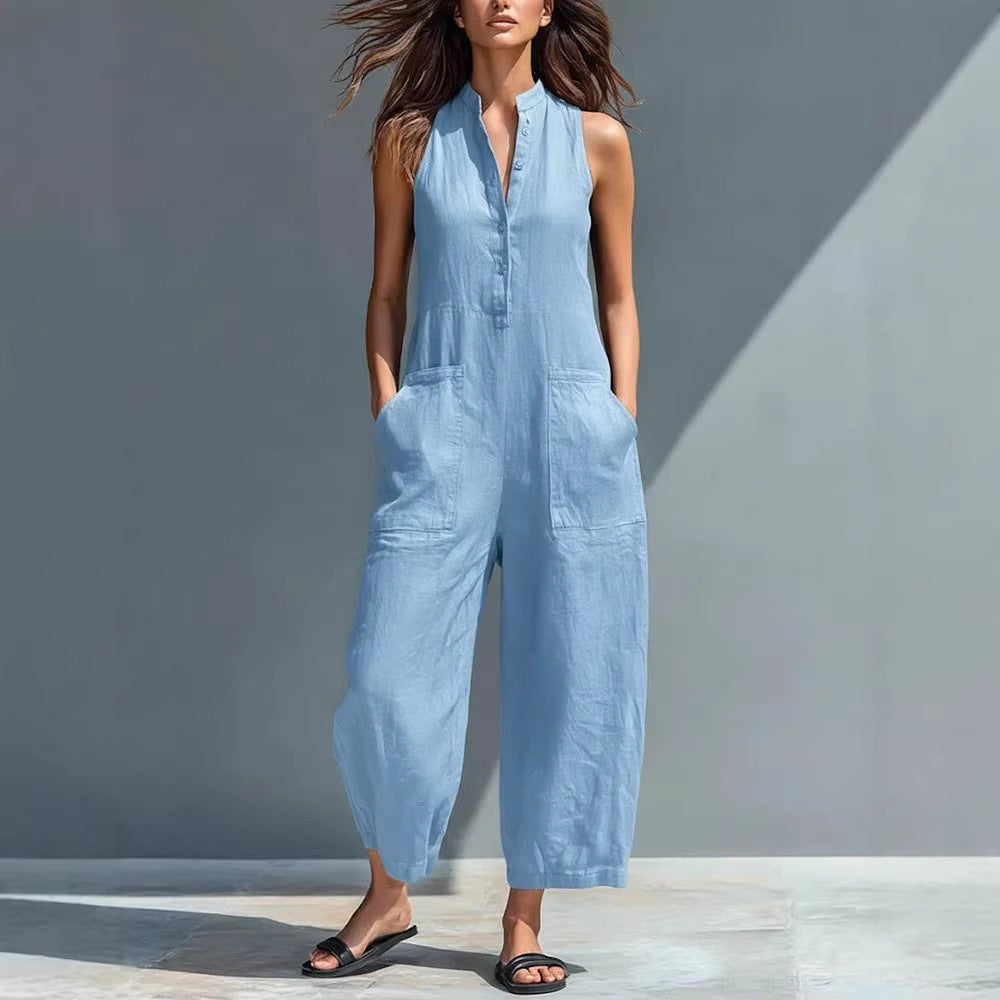 2026 Casual Women's Sleeveless Stand Collar Pocket Jumpsuit