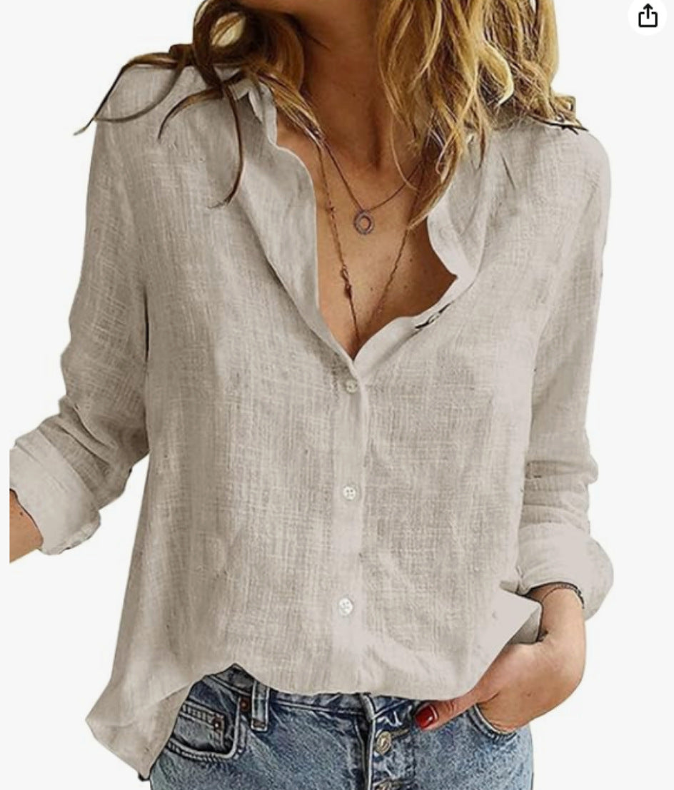 European and American Style Xiyin Amazon Best-selling Solid Color Casual Loose Long-sleeved Linen Shirt, In Stock with Sleeves, Women's Clothing