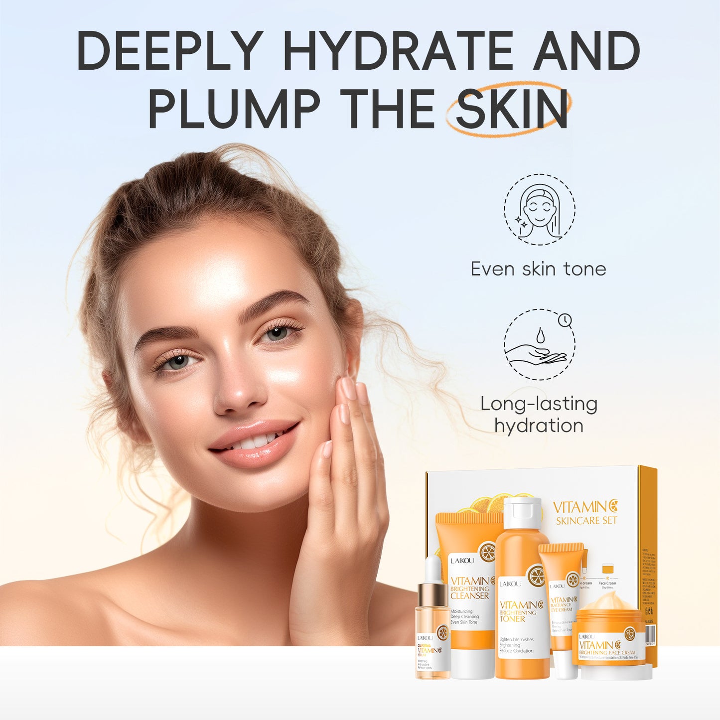 Cross-border LAIKOU Vitamin C Series Skin Care Products set 5-Piece, Cleanser, Toner, Essence, Eye Cream, Essence Cream