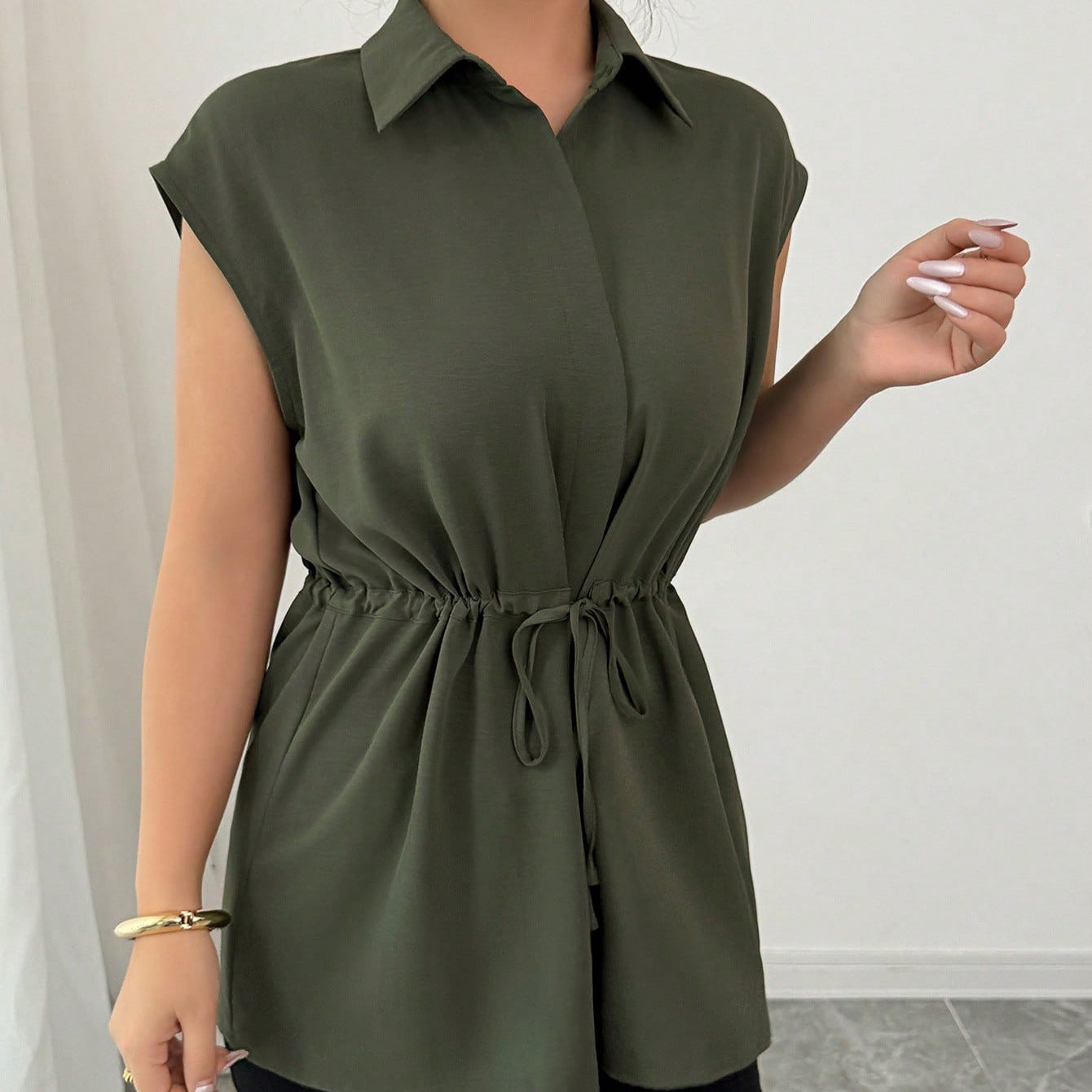 2026 Cross-border E-commerce, European and American Amazon Fashion Loose Waist Belt Single-breasted Solid Color Polo Collar Women's Short-sleeved Top