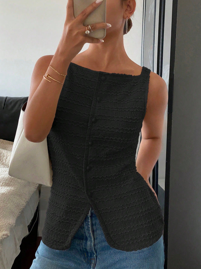 2026 Cross-border Elegant Single-breasted Round Neck Sleeveless Slim Fit Vest for Women (Solid Color)