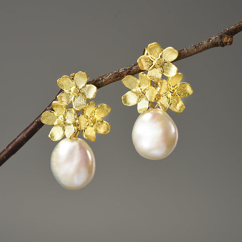 Forget-me-not Baroque S925 sterling silver earrings retro flower jewelry women