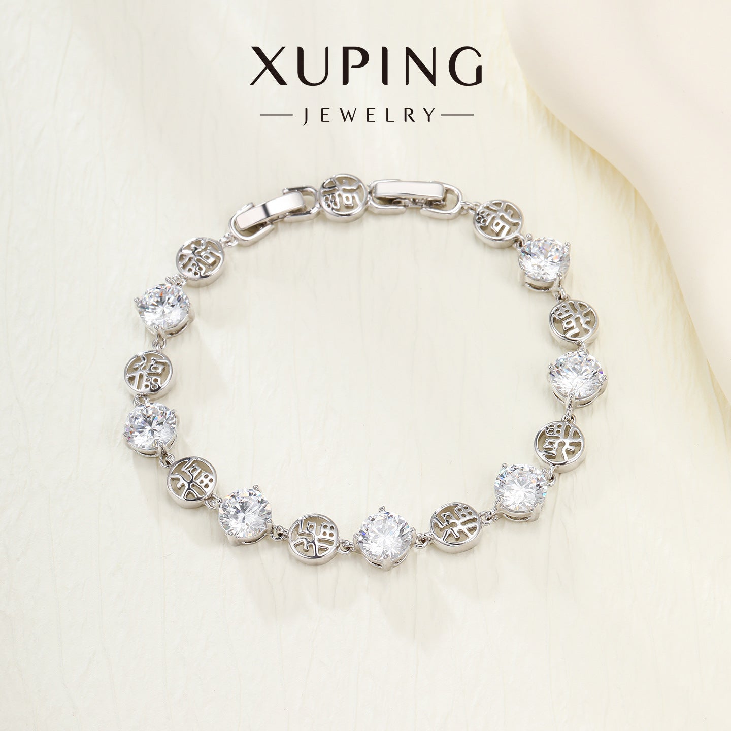 Xuping Gemstone Series Fashionable and Light Luxury "Fu" Character Patchwork Bracelet with Geometric Round Zircon Buckle, Elegant Jewelry