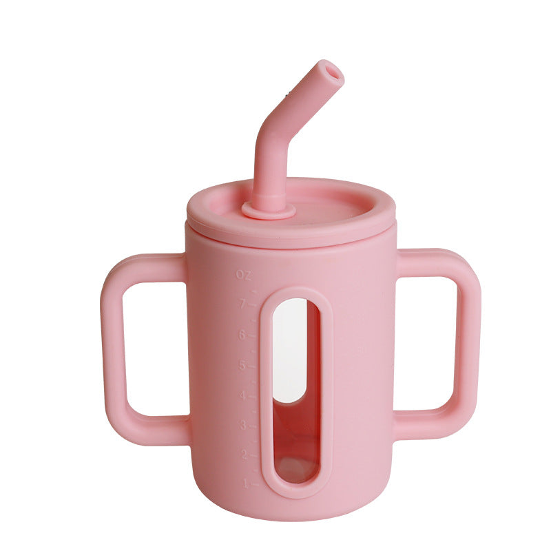 Cross-border Children's Drop-proof Double-layer Silicone Glass Children's Sippy Cup, Baby Food Supplement Water Cup, Silicone Straw Snack Cup