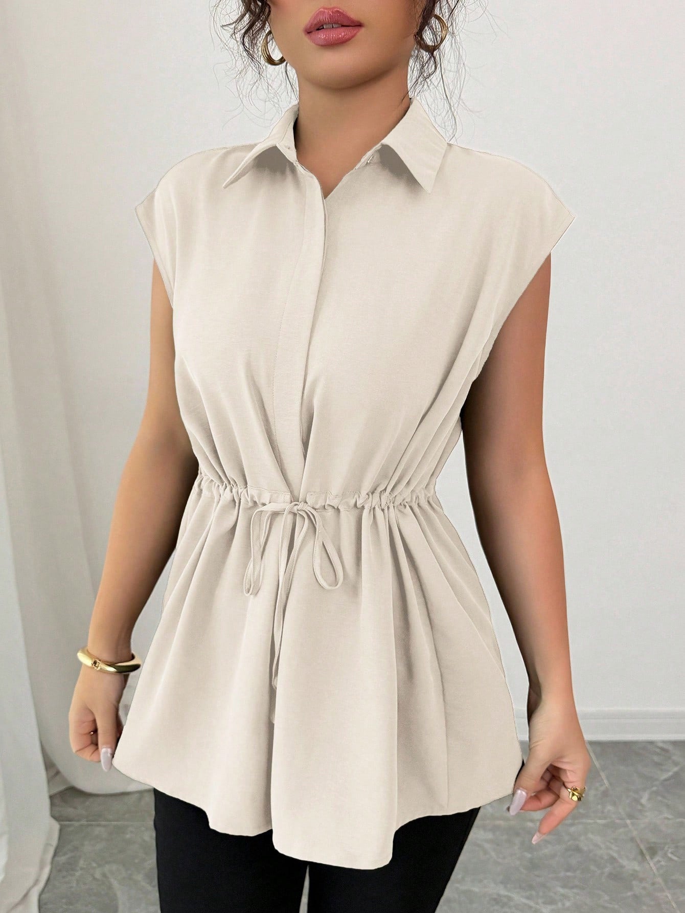 2026 Cross-border E-commerce, European and American Amazon Fashion Loose Waist Belt Single-breasted Solid Color Polo Collar Women's Short-sleeved Top