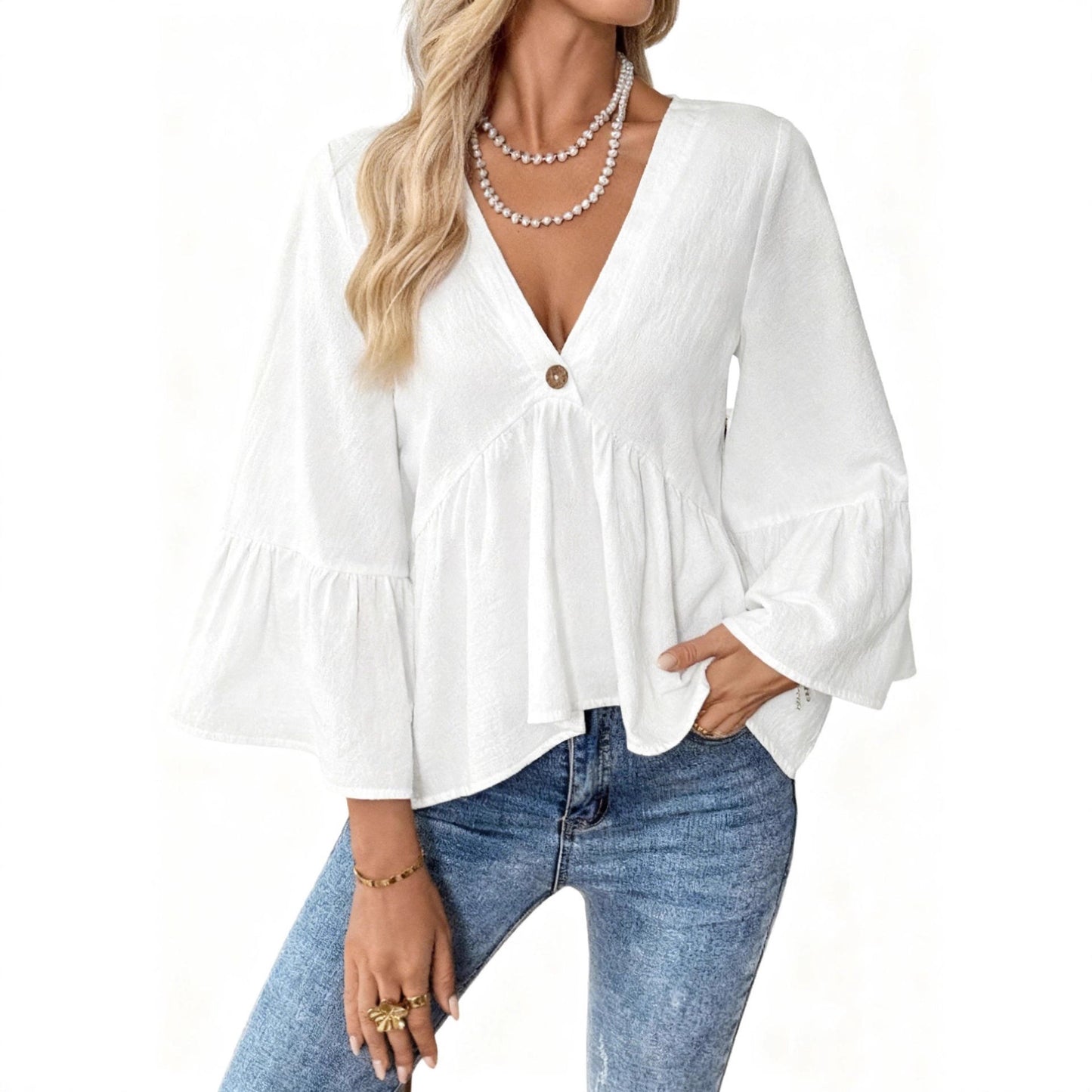 2026 European and American cross-border women's clothing, spring/summer new style, solid color V-neck ruffle sleeve cotton top for women.