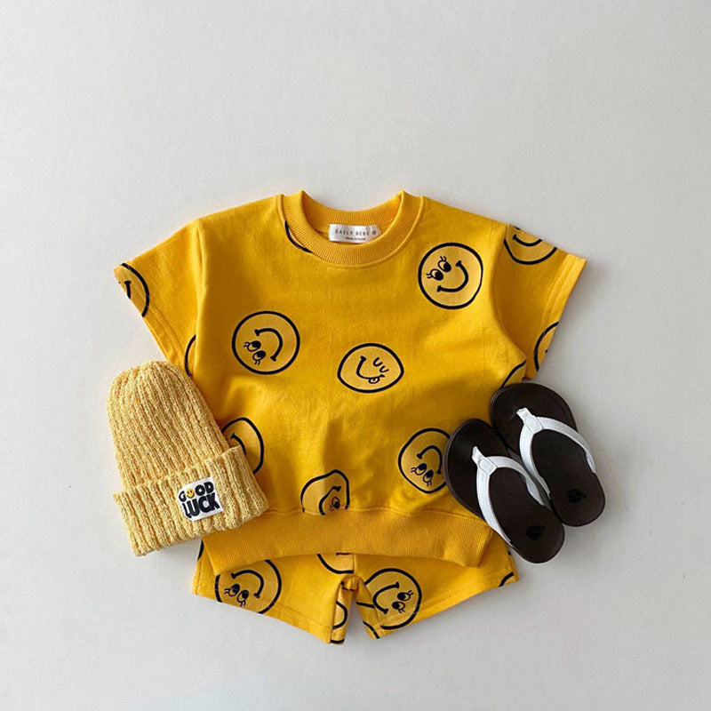 Korean version of ins children's clothing boys and girls baby short-sleeved tops and shorts two-piece children's smiley casual cotton suit