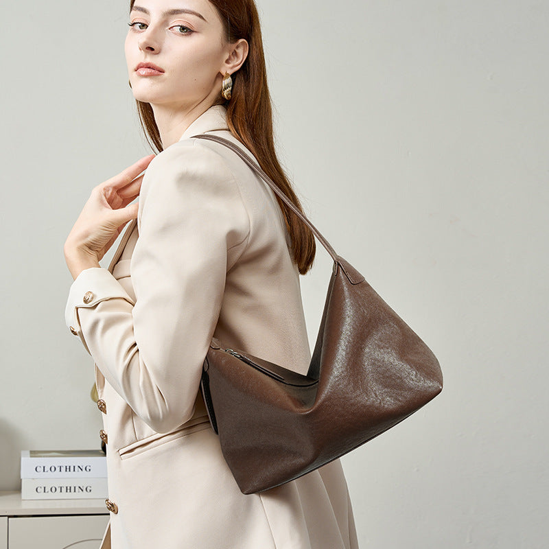 Retro-style Top-grain Vegetable-tanned Cowhide Casual Shoulder Bag/Underarm Bag, Commuting Large Capacity Classic Genuine Leather Crossbody Hobo Bag