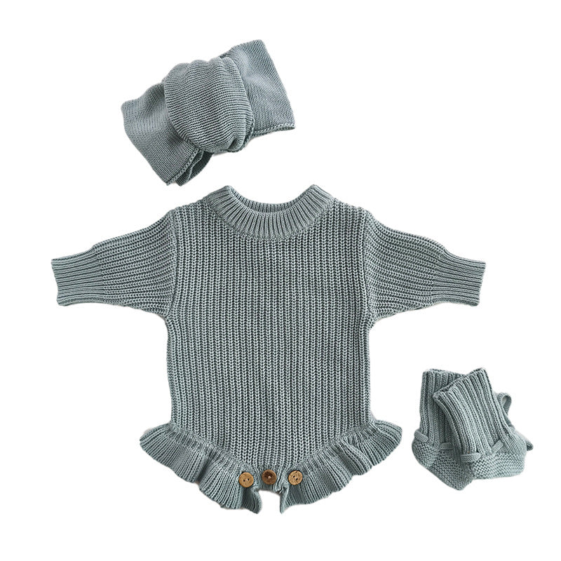 Handmade Embroidered Custom Letter Baby Autumn Warm Bodysuit Romper Knit Sweater Crawling Suit