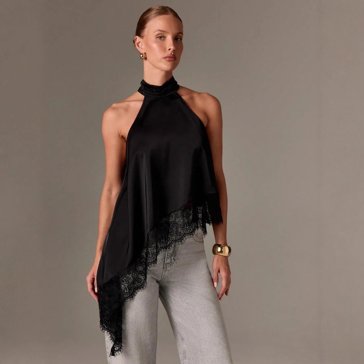 New Cross-Border Women's Sleeveless Lace Trim Asymmetrical Halter Neck Satin Vest in 15 Colors