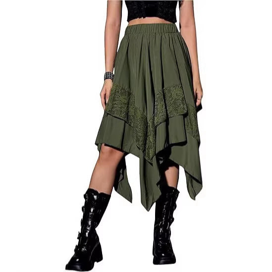 2026 European and American style large skirt Halloween literary retro patchwork lace midi skirt irregular women's skirt