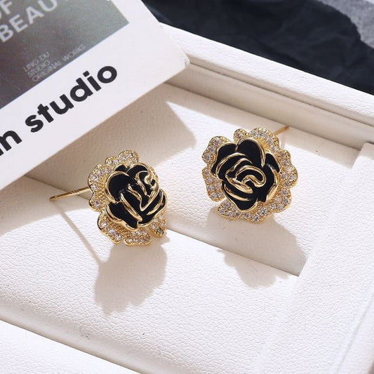 Retro black camellia small fragrance style earrings for women niche light luxury high-end temperament French zircon flower earrings