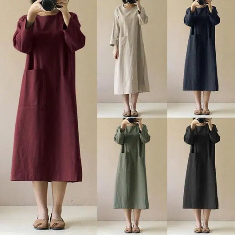 Retro Cotton Linen Long-sleeved Solid Color Plus Size Dress, New Spring and Autumn Style with Pocket Design