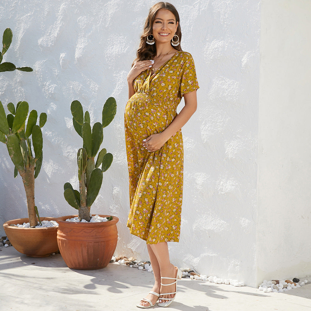 2026 Spring/Summer New Chiffon Dress, Elegant and Suitable for Cross-Border Work, V-Neck Printed Elastic Waist, Maternity Dress with Small Floral Print A-line