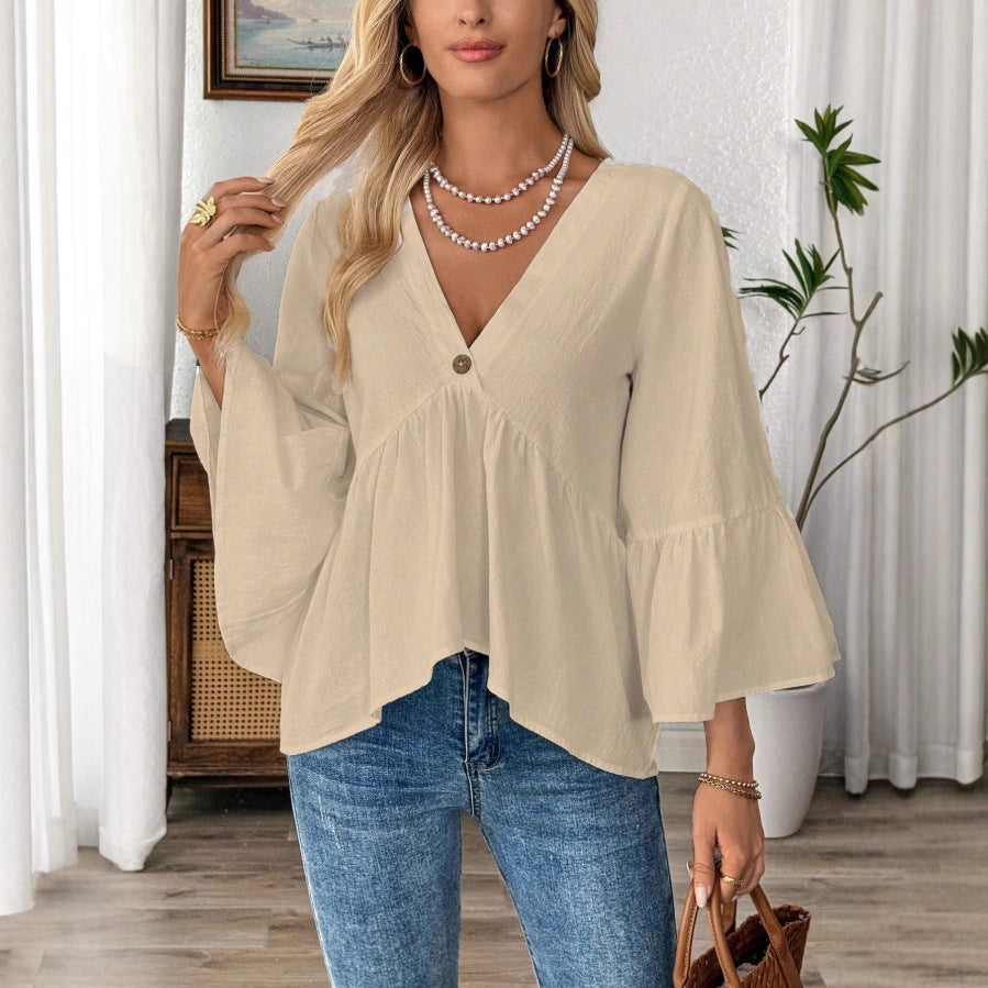 2026 European and American cross-border women's clothing, spring/summer new style, solid color V-neck ruffle sleeve cotton top for women.