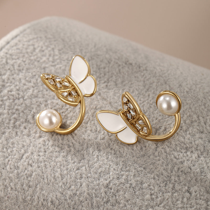 Xuping Jewelry Enamel Droplet Butterfly Imitation Pearl Earrings - Korean Style Niche Design Elegant Earrings Wholesale