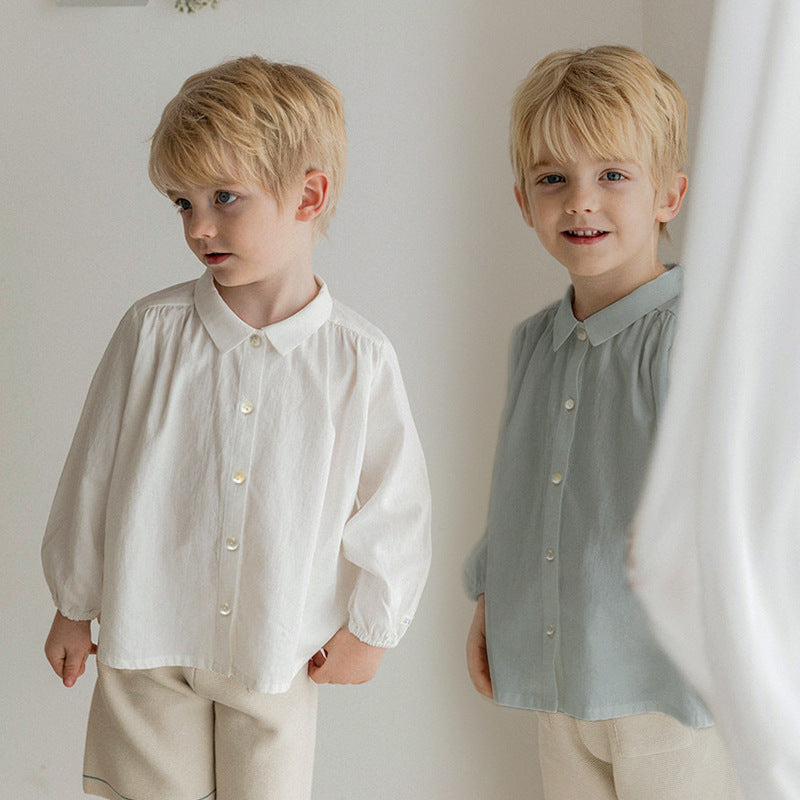 Spring/Summer Baby Clothing Tops, Cotton Linen Single-Breasted Shirts, College Style, Mori Girl Style, Cute Lapel Long-Sleeved Children's Shirts