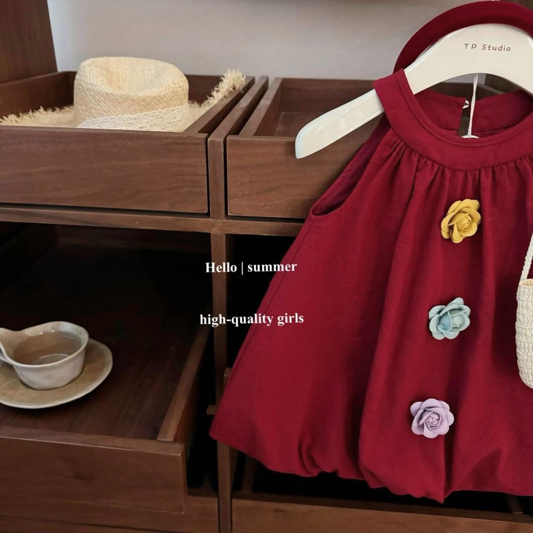 2026 Summer New Arrival Red Camellia Baby Girl Vacation Style, Elegant and Sophisticated, Floral Tulip Vest Dress, Princess Dress