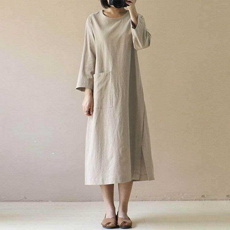 Retro Cotton Linen Long-sleeved Solid Color Plus Size Dress, New Spring and Autumn Style with Pocket Design