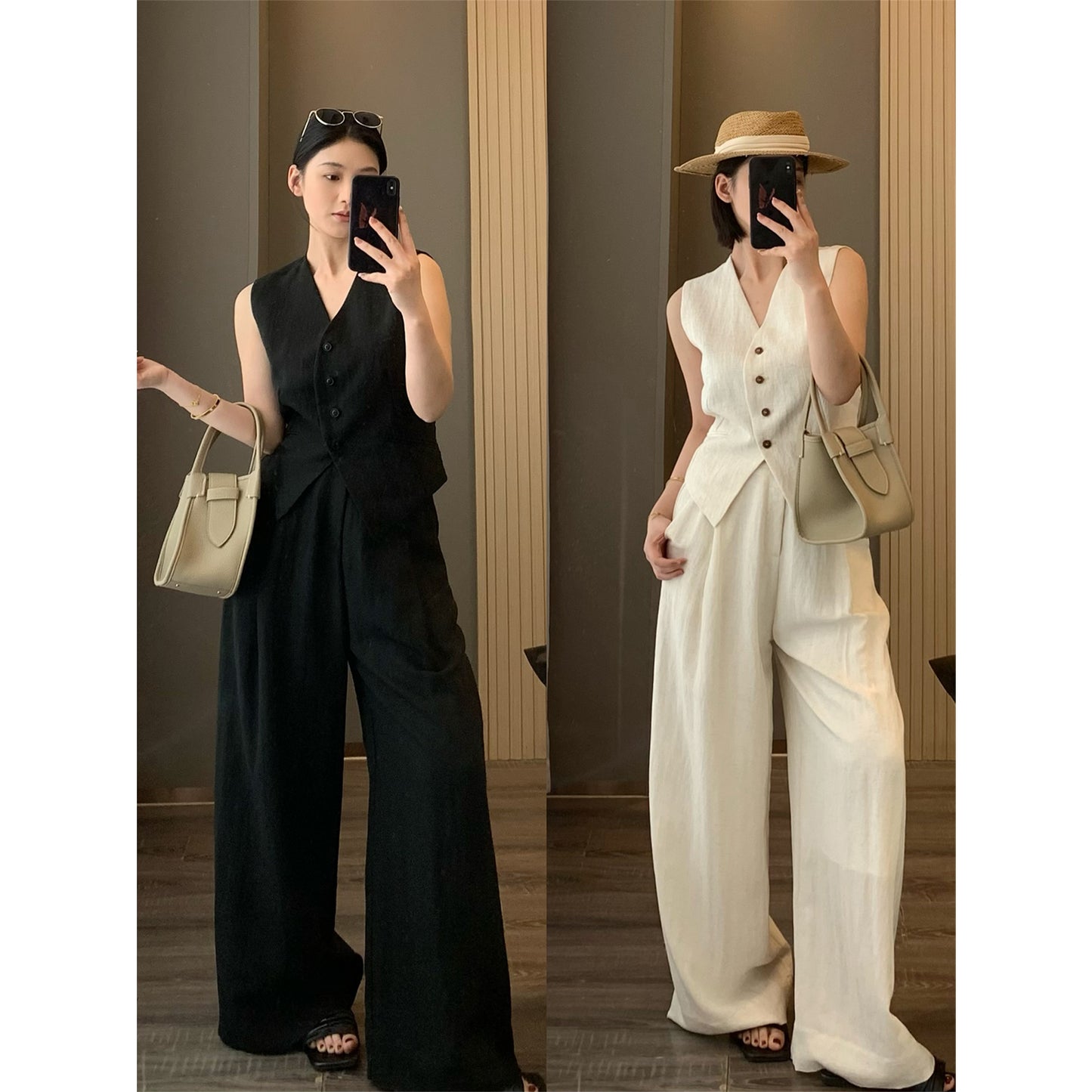 Tencel linen sleeveless high-end two-piece set for summer 2026, featuring a classic style with a vest and wide-leg pants.