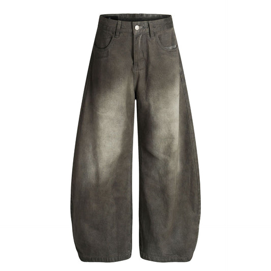 American-style Trendy Washed Black Retro Distressed Design Men's Loose-fitting Curved Blade Jeans