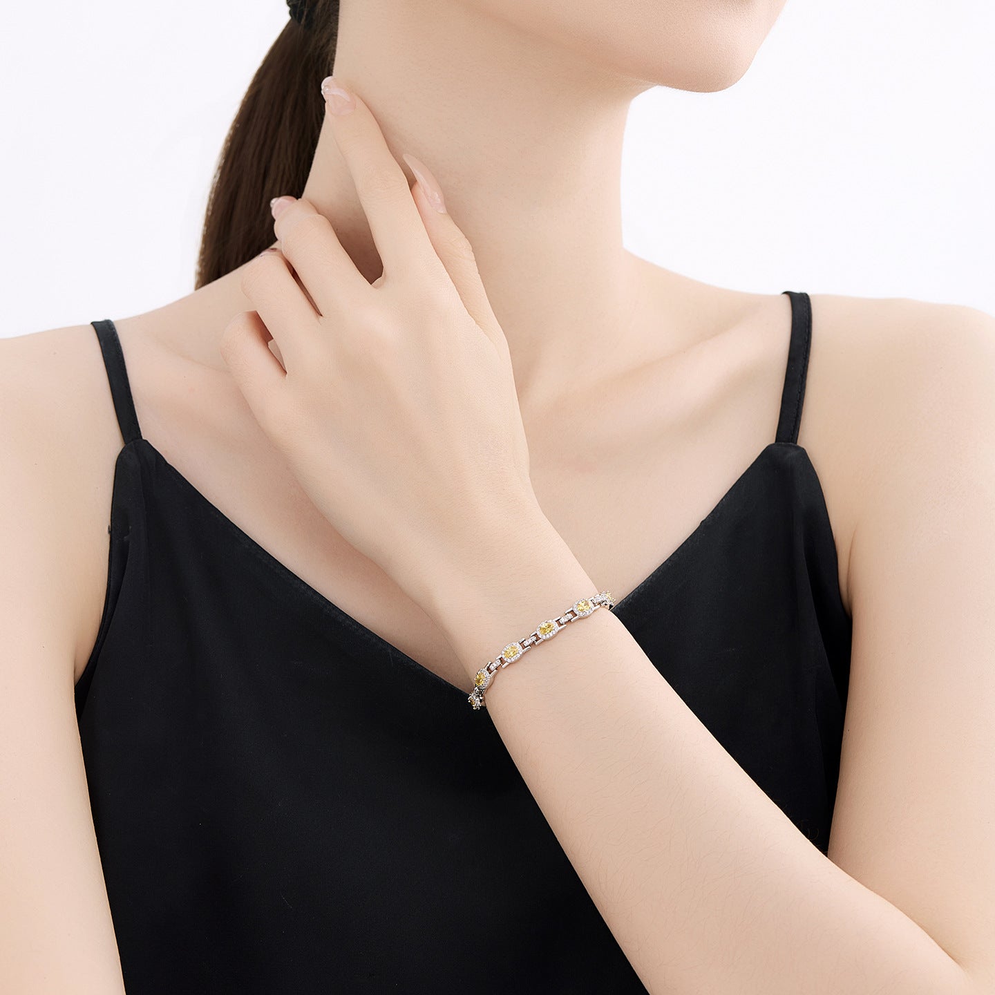 Xuping Gemstone Series Geometric Cabochon Yellow Patchwork Bracelet, Copper Alloy Plated White, Light Luxury Jewelry Wholesale