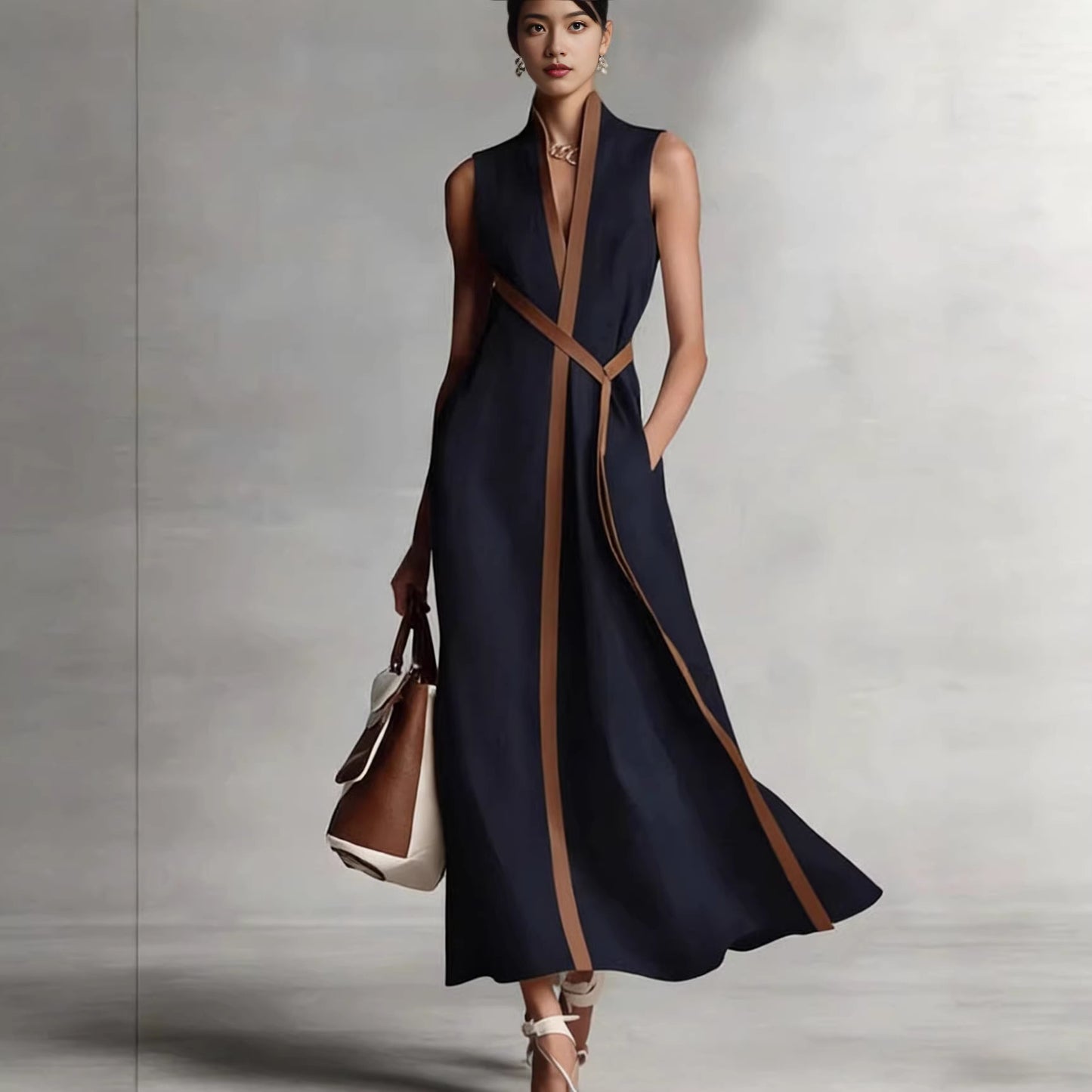 2026 Summer New Arrival Stand Collar Sleeveless Casual Color Block Loose Dress