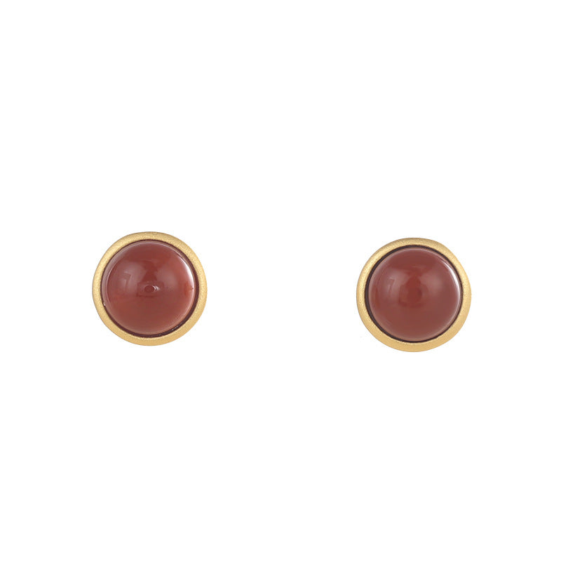 S925 sterling silver gold-plated inlaid south red agate earrings round simple egg surface simple fashion temperament ladies earrings
