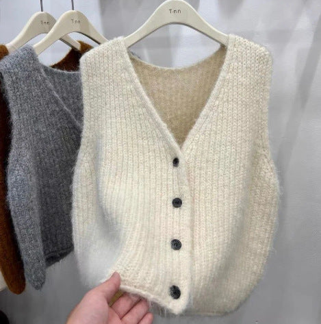 Grey V-neck Knitted Vest for Women, Winter Outerwear Layering Cardigan Sweater Trendy