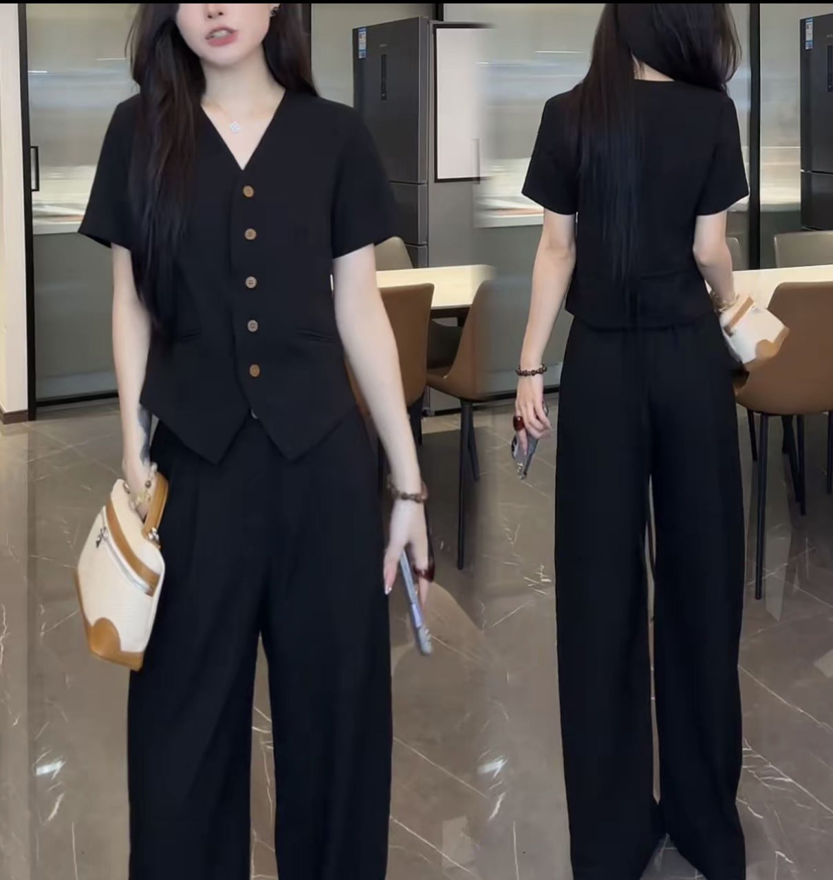 Tencel linen sleeveless high-end two-piece set for summer 2026, featuring a classic style with a vest and wide-leg pants.