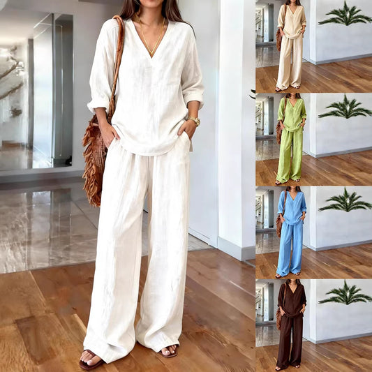 2026 New Women's Clothing for Foreign Trade and Cross-Border Import - Casual V-Neck Pullover Long Sleeve Pants - Washed Cotton, Multiple Colors