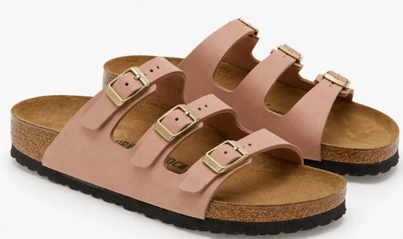 2026 New Genuine Leather Retro Style Birkenstock Shoes Women's Open-Toe Slingback Sandals with Three Rows of Square Buckles and Thick Sole Casual Sandals