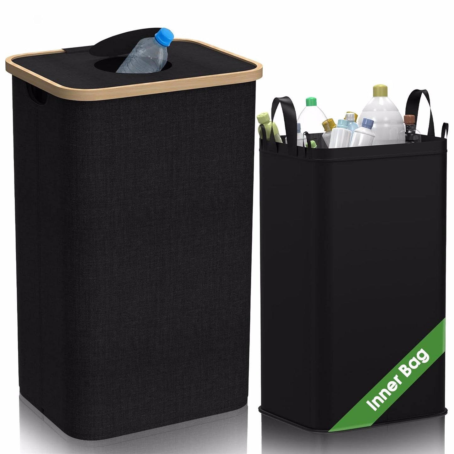 Bamboo Storage Basket with Lid Removable Recycling Bottle Storage Basket Trash Can Kitchen Home Folding Recycling Bin