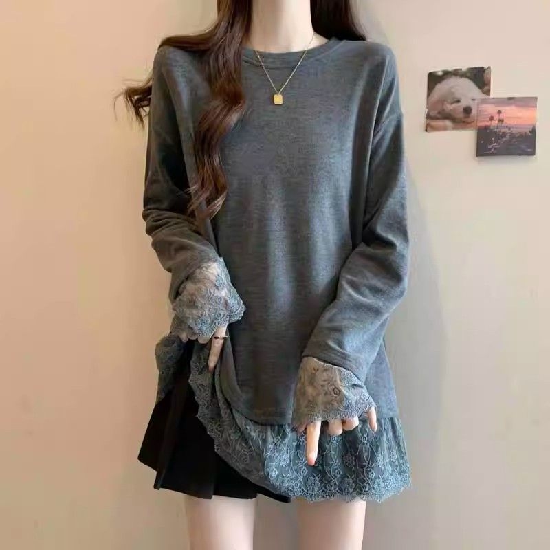 Plus-size, Relaxed Style Lace Trim Long-sleeved T-shirt for Women, New Spring Style, Loose Fit, Slimming and Flattering