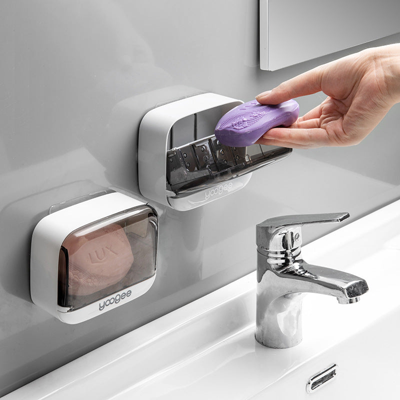 Soap Box Drain Toilet No Punching Shelf Wall-mounted Soap Box with Cover Dustproof Creative Flip Soap Box