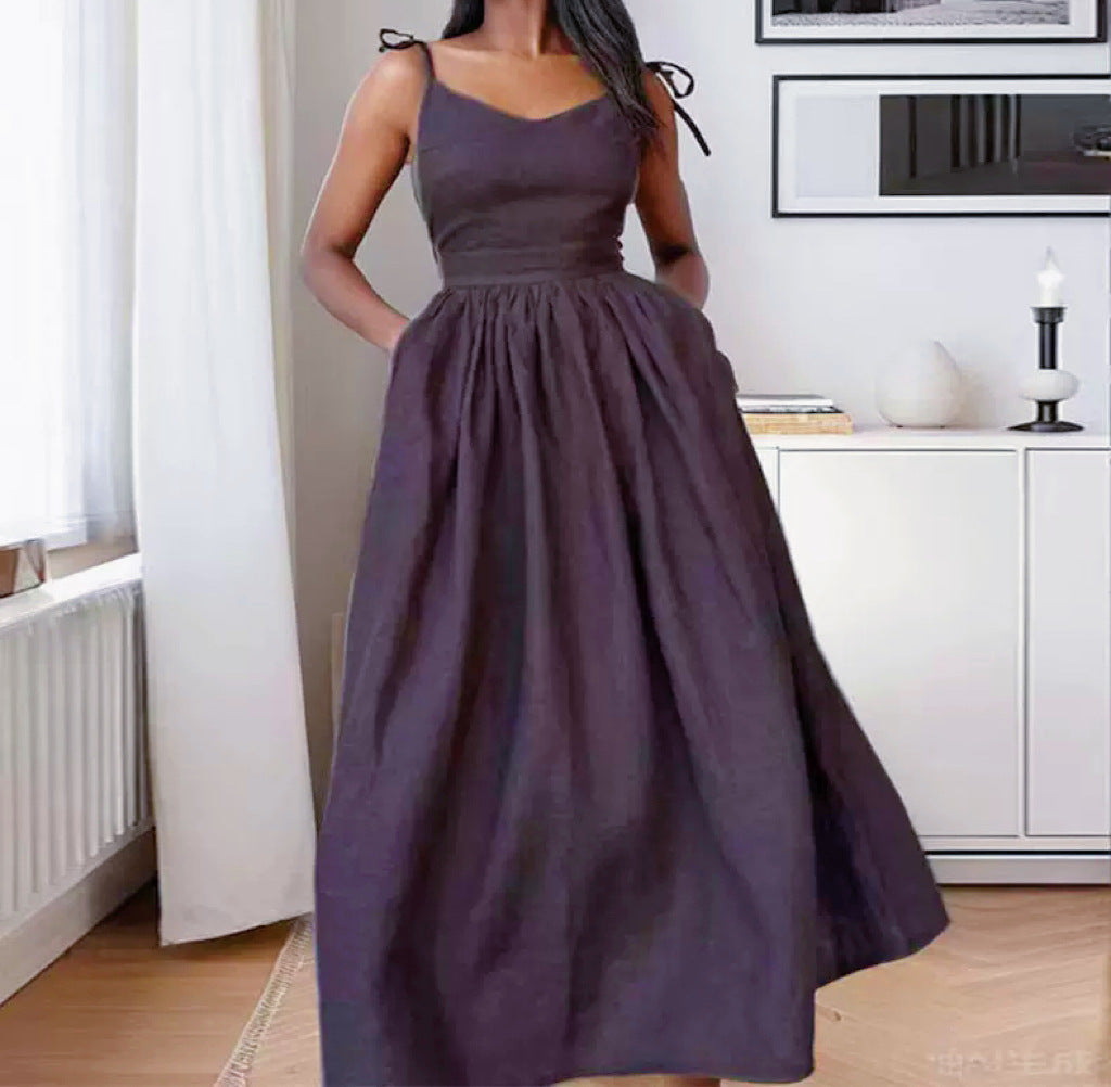 2026 European and American Women's Backless Elegant Mori Style Sexy V-Neck High Waist Fashion Suspender Dress