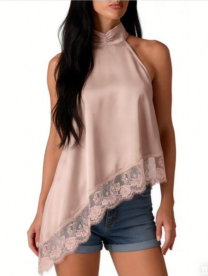 New Cross-Border Women's Sleeveless Lace Trim Asymmetrical Halter Neck Satin Vest in 15 Colors