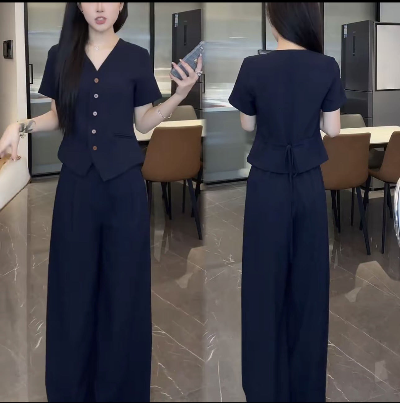 Tencel linen sleeveless high-end two-piece set for summer 2026, featuring a classic style with a vest and wide-leg pants.