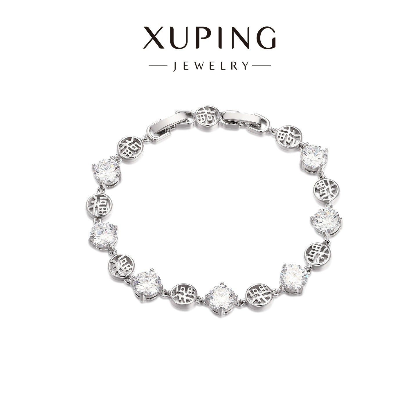 Xuping Gemstone Series Fashionable and Light Luxury "Fu" Character Patchwork Bracelet with Geometric Round Zircon Buckle, Elegant Jewelry