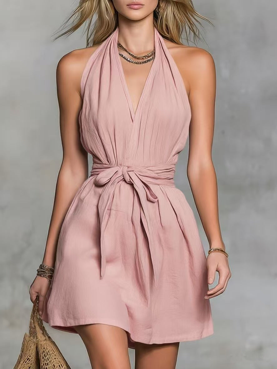 2026 Summer New Arrival European and American Cross-border Independent Website Halter Neck V-neck Slim Waist Tie Casual Vacation Women's Dress