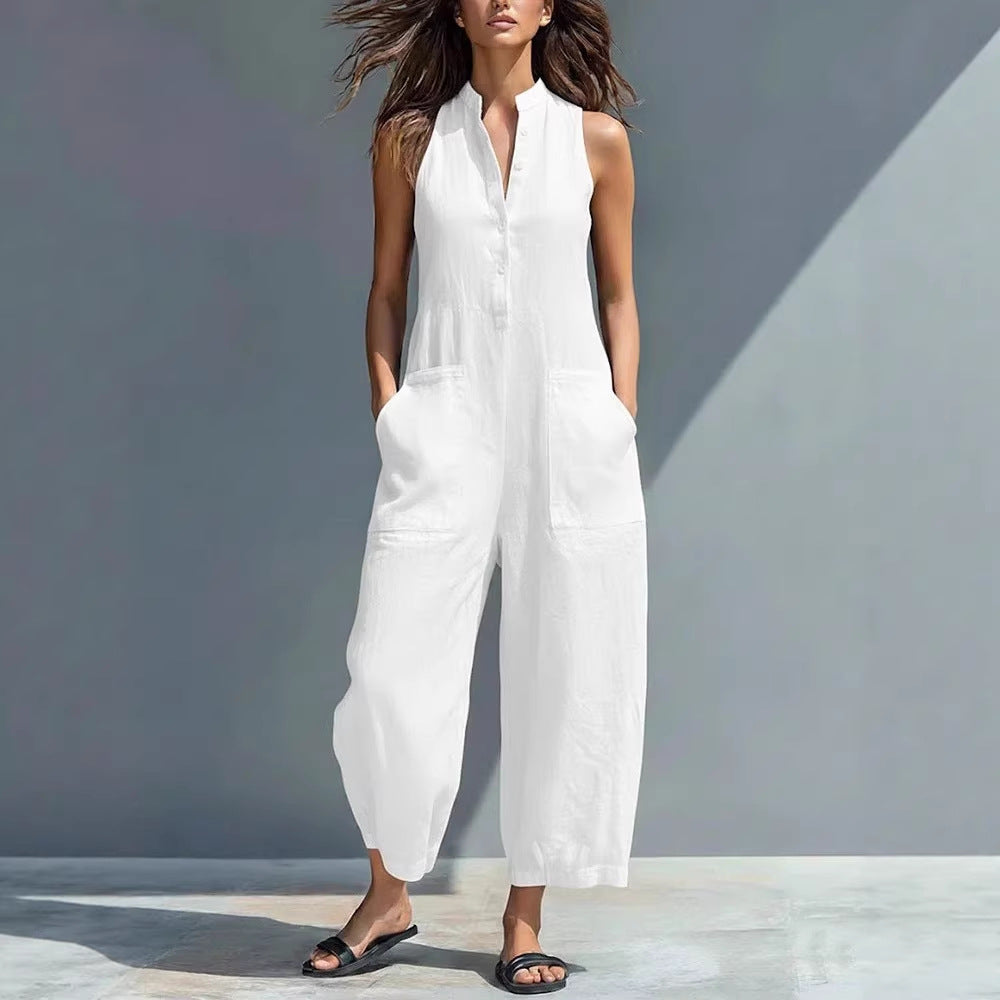 2026 Casual Women's Sleeveless Stand Collar Pocket Jumpsuit