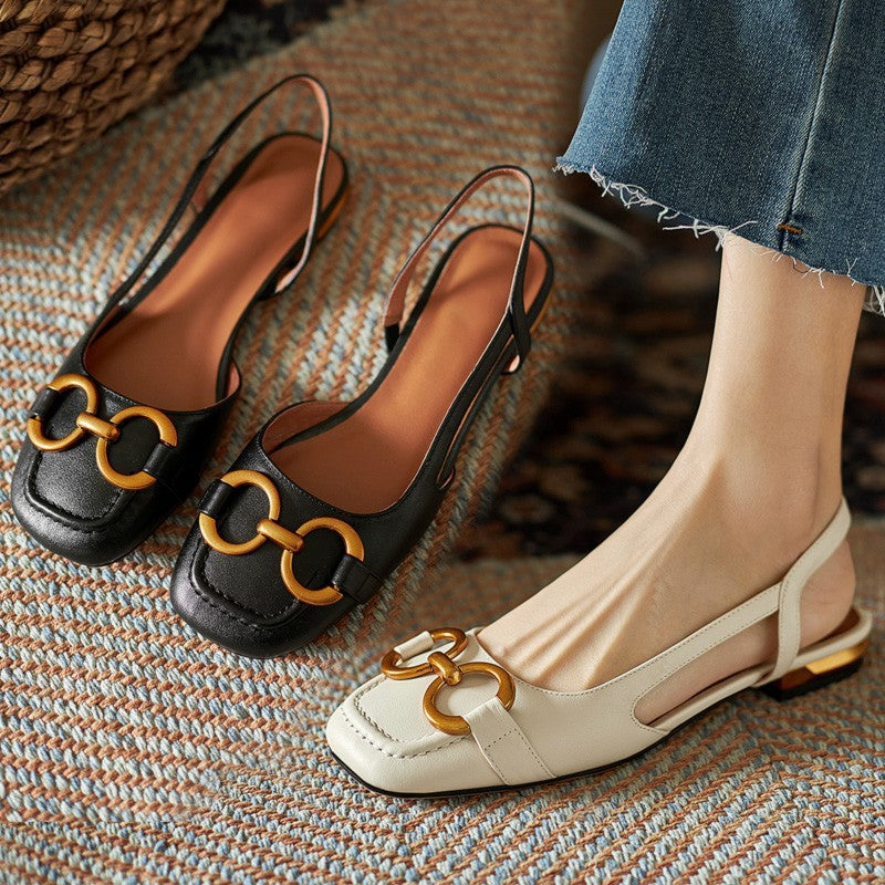 Summer New French Low-Heel Closed-Toe Slip-On Buckle Sandals, Plus Size European and American Style Women's Shoes (Export)