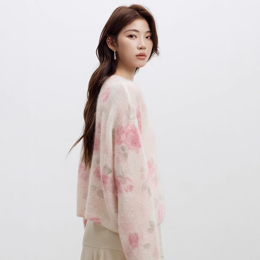 Rose Print Mohair Sweater Women's Long-Sleeved Knit Cardigan 2026 Spring New Style Soft and Loose Wool Coat