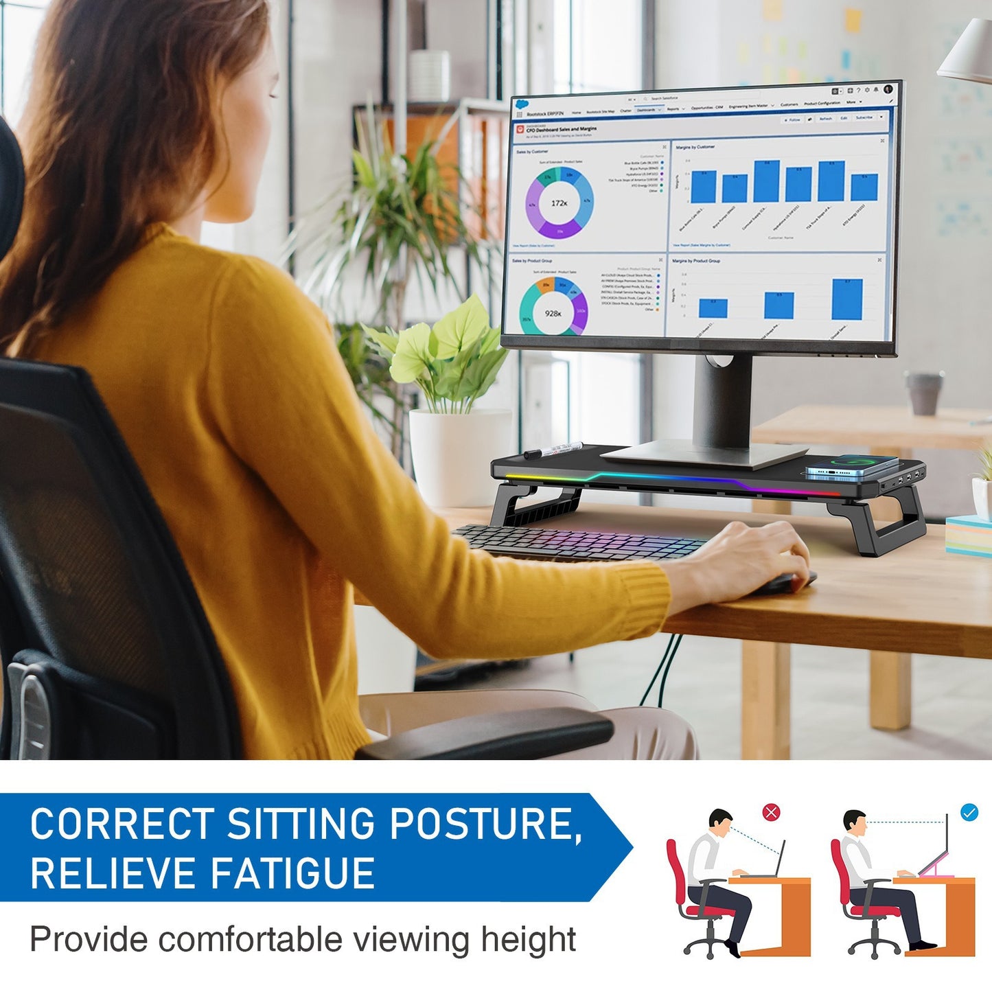 Cross-border Wireless Fast Charging RGB illuminated Computer Stand with HUB, Multi-functional Ergonomic Plastic Display Riser
