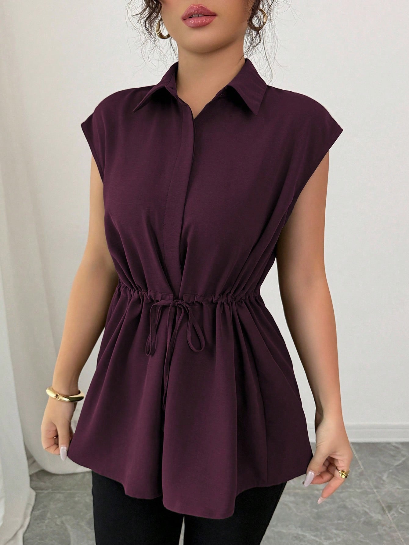 2026 Cross-border E-commerce, European and American Amazon Fashion Loose Waist Belt Single-breasted Solid Color Polo Collar Women's Short-sleeved Top